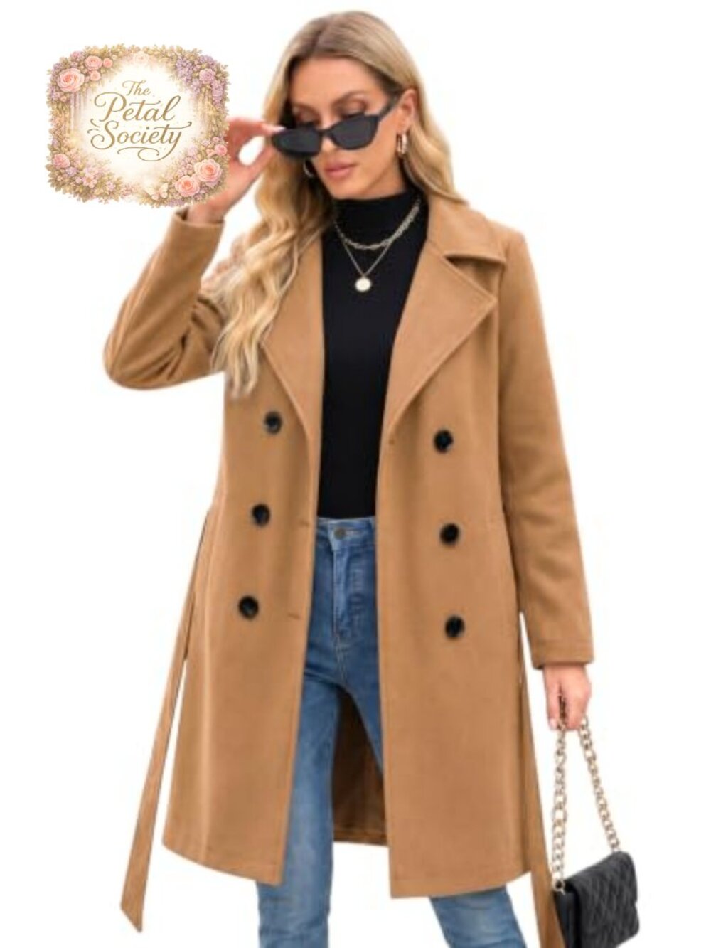 Faux Wool Trench Coat Double Breasted Belted Winter Outerwear